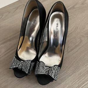 Black Satin High Heels with Bedazzled Bows Open Toe - Size 7